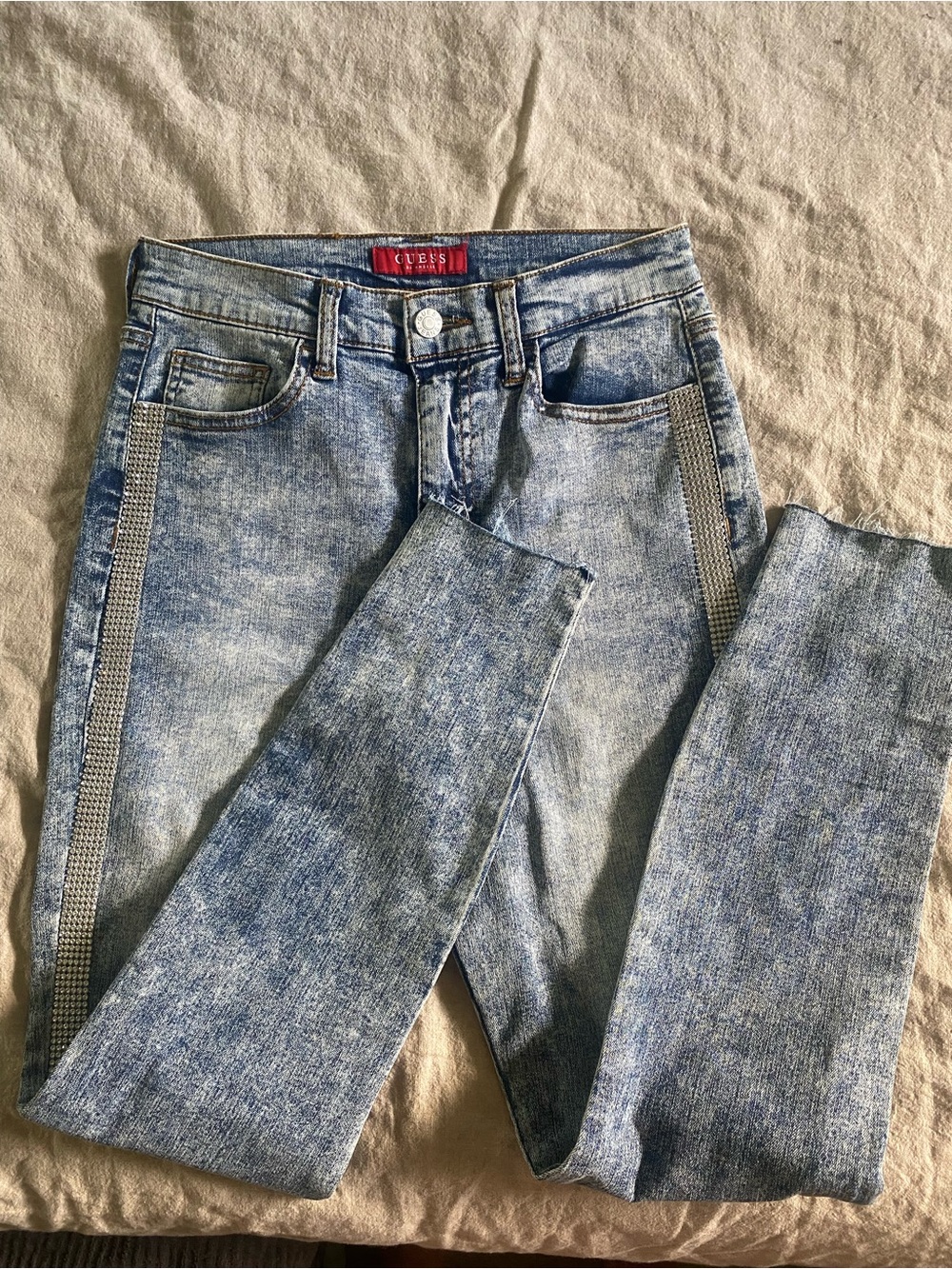 Guess Light Blue Acid-Wash Skinny Jeans with Rhinestone Side Trim
